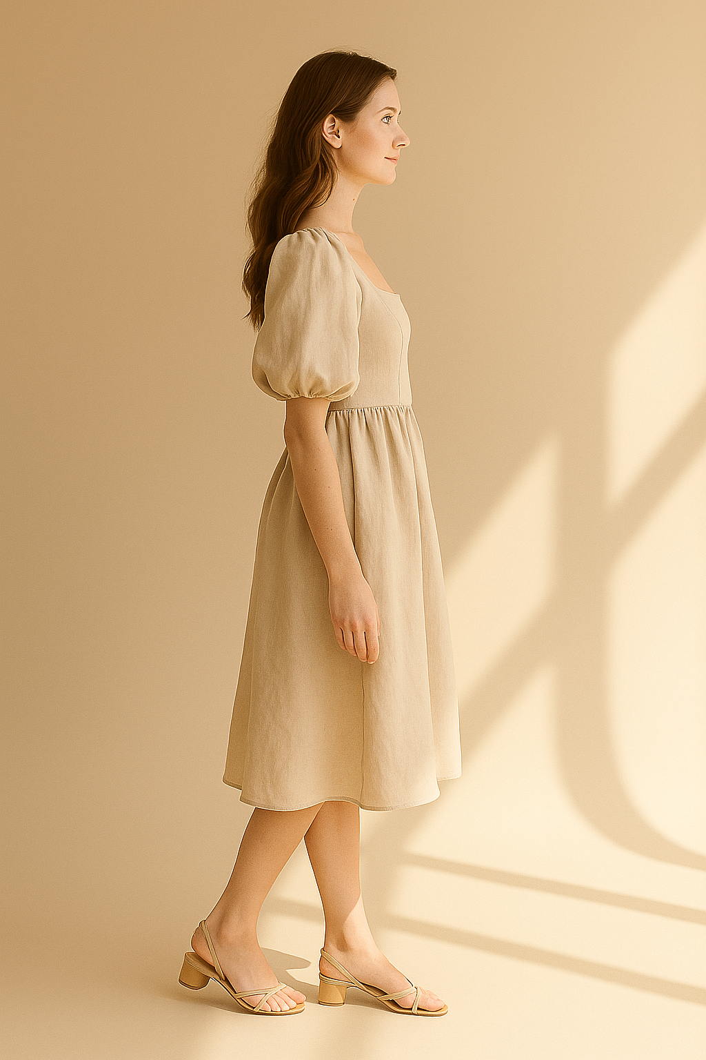 Beige midi-klänning med puffärmar i linneblandning