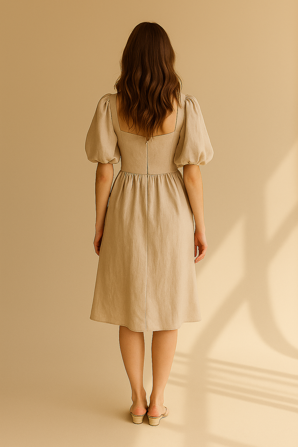 Beige midi-klänning med puffärmar i linneblandning