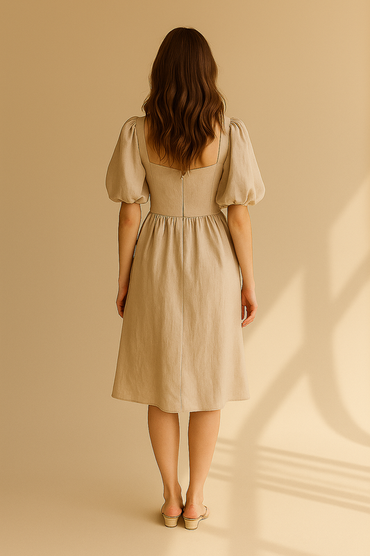 Beige midi-klänning med puffärmar i linneblandning