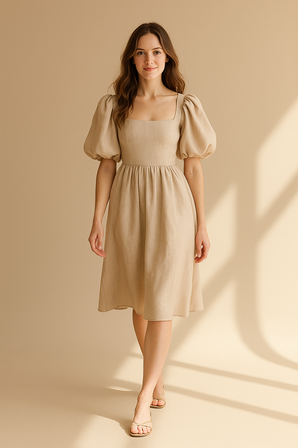 Beige midi-klänning med puffärmar i linneblandning