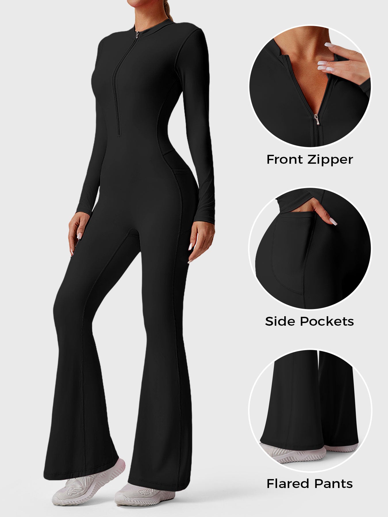Utsvängd jumpsuit med lång ärm och dragkedja